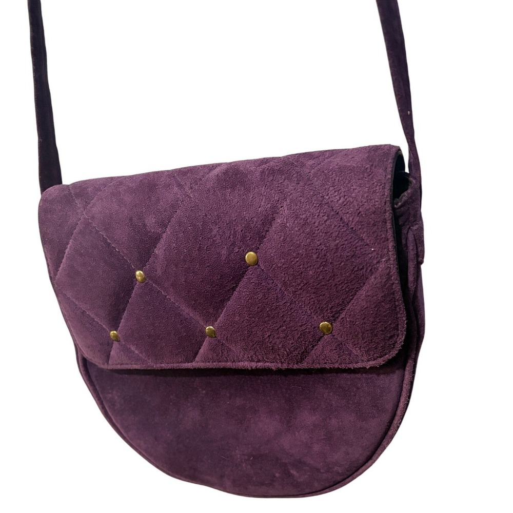Vintage Danier Purple Suede Quilted Studded Crossbody Saddle Bag Plum